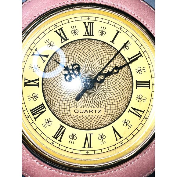 Round Pink Faux Leather Crossbody Purse Functional Clock Face Design Gold Accent - Picture 2 of 7